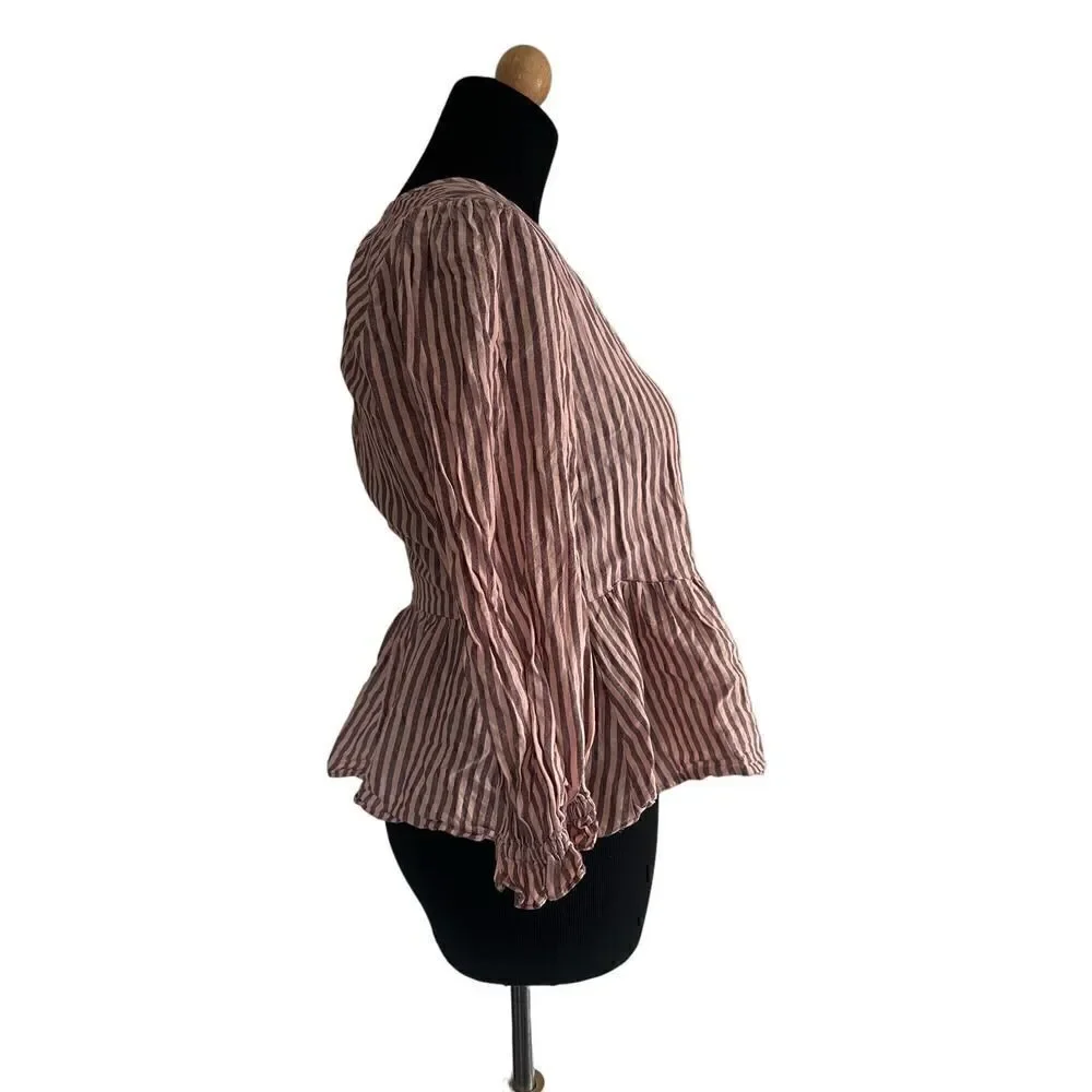 MADEWELL Puff-Sleeve Peplum Wrap Top in Stripe size XXS Retails $79